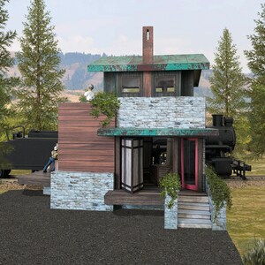 K&ouml;nnte beinhalten: Ein kleines, rustikales Haus mit einem gr&uuml;nen Dach und einem Ziegelkamin. Das Haus hat eine Holzveranda und eine Steinverkleidung. Im Vordergrund befindet sich ein Gleis mit einer schwarzen Dampflokomotive.