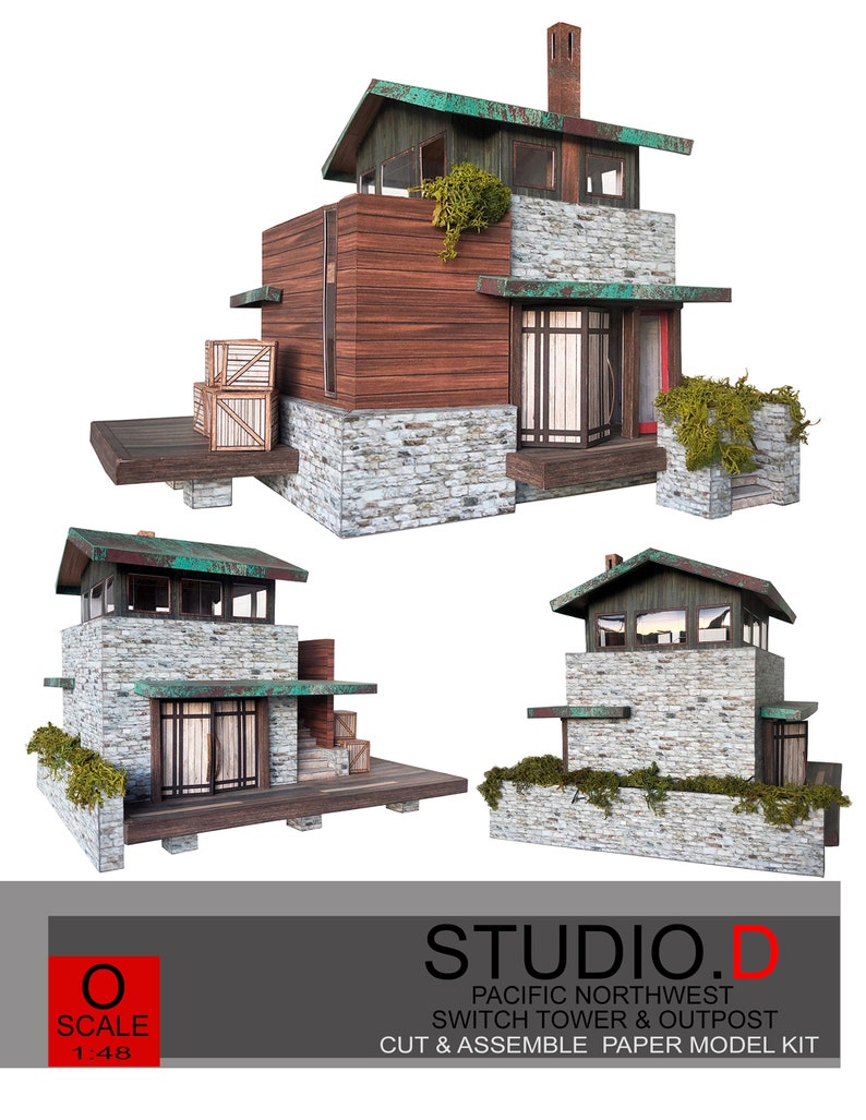 K&ouml;nnte beinhalten: Ein Papiermodellbausatz eines Hauses im Stil des Pazifischen Nordwestens mit einer Au&szlig;enfassade aus Stein und Holz. Der Bausatz enth&auml;lt einen Turm und einen Au&szlig;enposten und ist im Ma&szlig;stab 1:48 gehalten. Das Modell stammt von Studio.D.