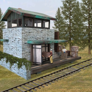 K&ouml;nnte beinhalten: Ein Steinhaus mit einer Holzt&uuml;r und einer Holzveranda. Zwei Personen stehen auf der Veranda, eine tr&auml;gt eine Kiste. Das Haus befindet sich neben einem Gleis.