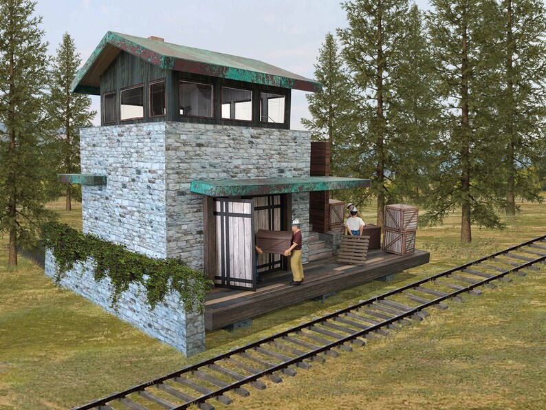 K&ouml;nnte beinhalten: Ein Steinhaus mit einer Holzt&uuml;r und einer Holzveranda. Zwei Personen stehen auf der Veranda, eine tr&auml;gt eine Kiste. Das Haus befindet sich neben einem Gleis.