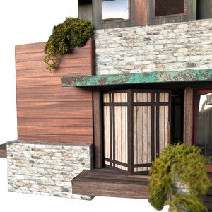 K&ouml;nnte beinhalten: Ein Modellhaus mit einer Fassade aus Stein und Holz. Das Haus hat ein gro&szlig;es Fenster und eine T&uuml;r mit einem Holzrahmen. Das Haus ist von Gr&uuml;n umgeben.