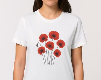 T-shirt unisex con papaveri rossi – T-shirt floreale minimalista / Regalo per lei in cotone biologico