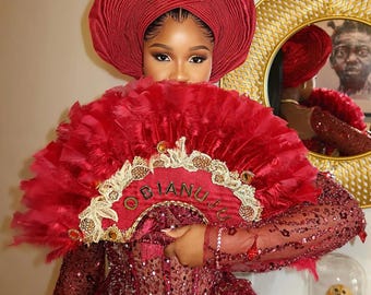 Bridal Feather Fan: African Wedding Hand Fan - Gold or Silver Handle