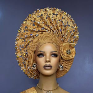 African Gold Gele, Pre styled Head Tie, African hat, Aso-Oke gele, Auto Gele, Nigerian women hats gele, Nigerian For Wedding, Bridal headtie