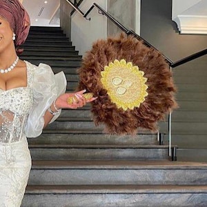 Bridal Feather Fan: African Wedding Hand Fan with Gold Handle