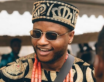 African Wedding Velvet Cap: Igbo Ozo Beaded Hat
