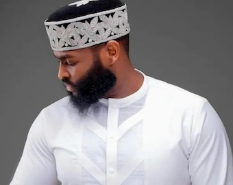 African Velvet Beaded Kufi Cap: Hausa Wedding Hat for Men
