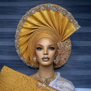Gold Autogele: African Ready-to-Wear Headtie - Adjustable Bridal Gele
