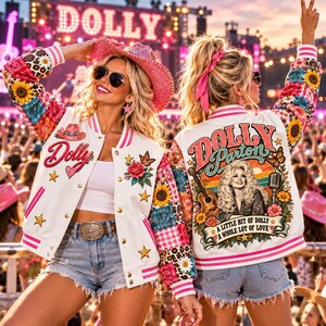 May include: A white varsity jacket featuring pink striped trim, patchwork sleeves with sunflower and paisley patterns, and embroidered star and rose details. The front displays the text Dolly, while the back features a graphic of Dolly Parton.