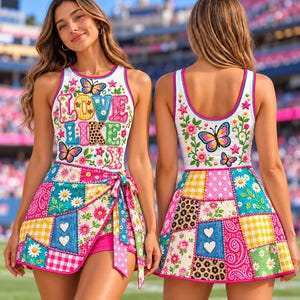 May include: A white sleeveless top featuring the text LOVE LIKE in colorful patterned letters, butterflies, and flowers. The matching skirt is a patchwork design with various prints including gingham, polka dots, daisies, and hearts with a side tie.