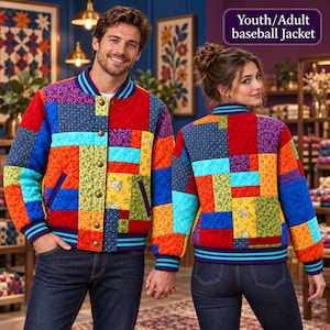 May include: A quilted baseball jacket featuring a vibrant patchwork design with various floral and geometric patterns in red, blue, yellow, green, and purple. The jacket has a ribbed collar, cuffs, and hem with blue stripes, and a front button closure.
