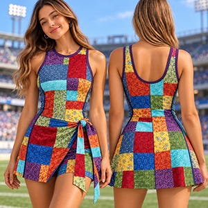 May include: A sleeveless romper featuring a vibrant patchwork design with various colorful patterns in red, blue, yellow, green, and purple. The garment includes a wrap-style skirt overlay with a side tie at the waist and a scoop neckline.