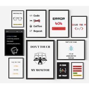 May include: A collection of 10 framed prints with humorous text related to coding and programming. The prints feature black and white illustrations and text in various colours, including red, blue, and yellow.