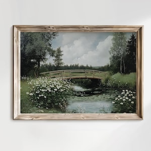 Stampa di paesaggio estivo soffuso / Stampa murale di ponte fluviale d&#39;epoca / Dipinto di natura campestre malinconica / Stampabile in stile antico / Download digitale