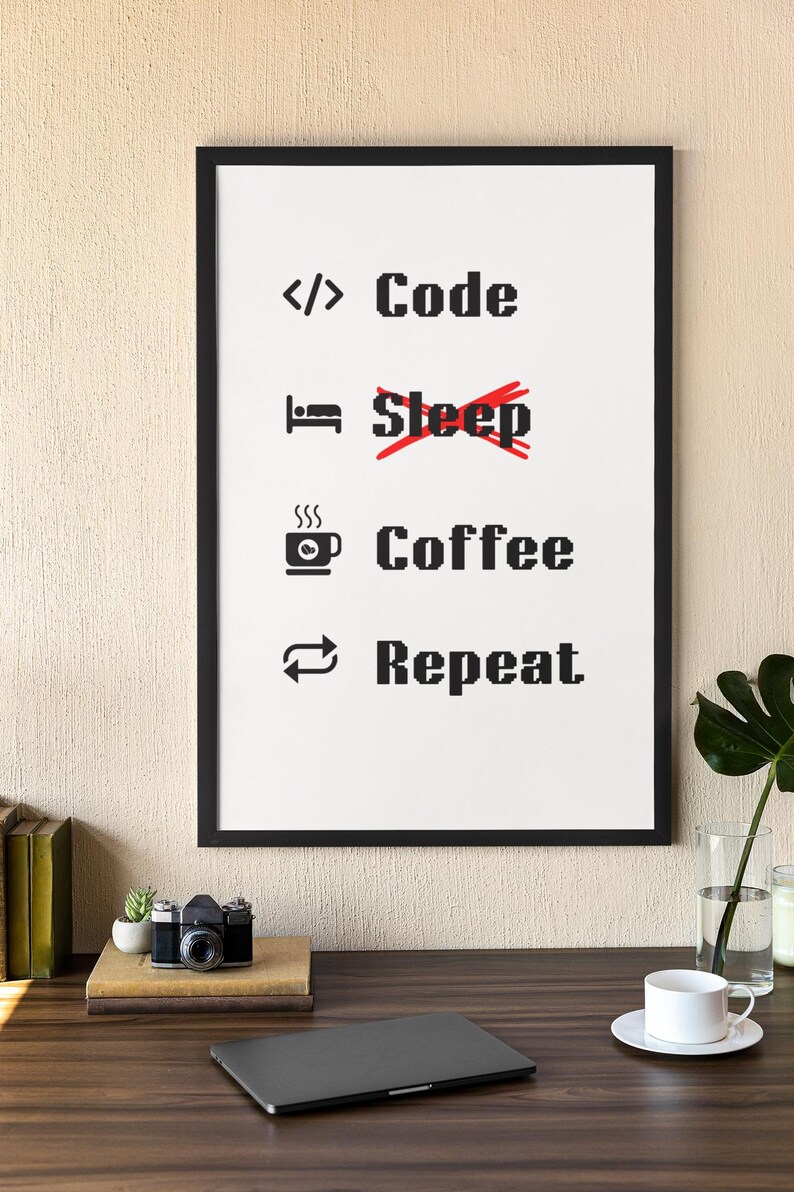Pode incluir: Uma impress&atilde;o emoldurada com fundo branco e texto preto que diz "</> Code  Sleep Coffee Repeat" com uma linha vermelha desenhada sobre a palavra "Sleep". A impress&atilde;o est&aacute; pendurada em uma parede bege sobre uma mesa de madeira com um laptop, uma c&acirc;mera e uma x&iacute;cara e um pires.
