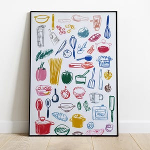Retro Dinner Table Art Print | Food & Drink Illustration Poster | Maximalist Kitchen Decor | Bar Cart Wall Art | Digital Download