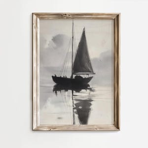Vintage Sailboat Sketch Print | Neutral Nautical Wall Art | Rustic Lake House Decor | Coastal Boat Drawing | Digital Download Poster