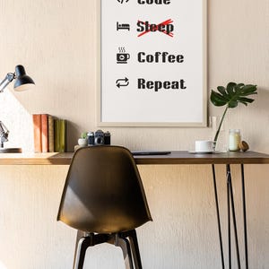 Pode incluir: Uma impress&atilde;o emoldurada com fundo branco e texto preto que diz "</> Code,  Sleep, Coffee, Repeat." A impress&atilde;o est&aacute; pendurada em uma parede bege acima de uma mesa de madeira com uma cadeira preta.