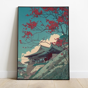 Japanse esthetische muurkunst | Tempelprint in anime-stijl | Japanse architectuurposter | Traditionele Japanse huiskunst | Digitale download