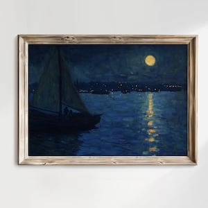 Moonlit Ocean Art Print | Vintage Sailboats Painting | Night Sea Wall Decor | Nautical Coastal Artwork | Digital Download Moody Oil Painting