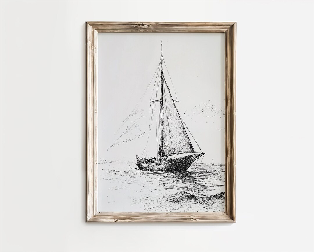 Vintage Sailboat Sketch Print | Coastal Nautical Wall Art (digital ...