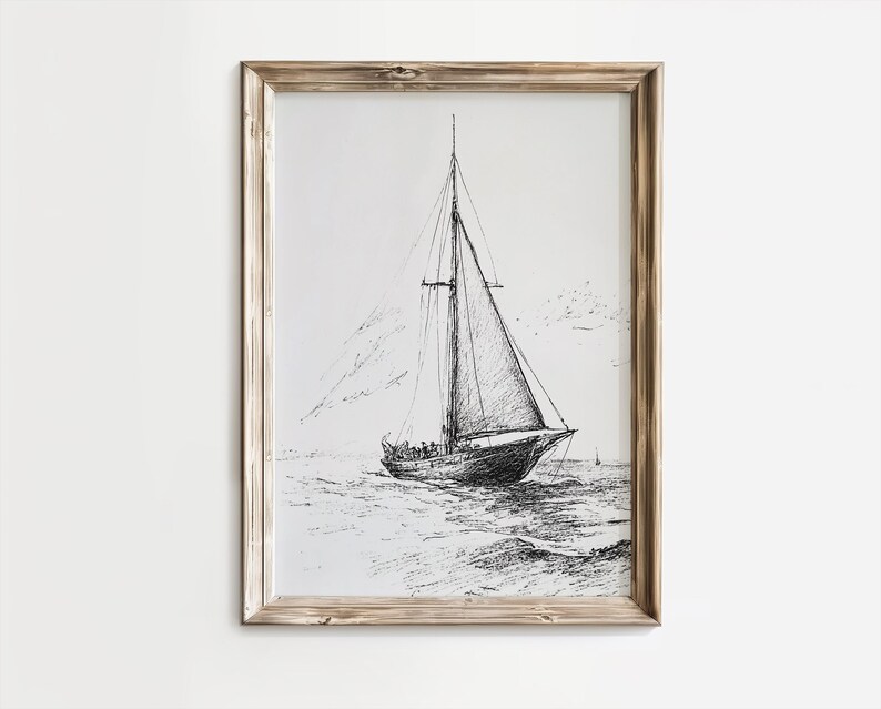 Vintage Sailboat Sketch Print | Coastal Nautical Wall Art (digital ...
