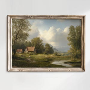 Springtime Countryside Printable Art | Vintage Blooming Orchard Landscape | Rustic Farmhouse Nature Scene | Digital Wall Decor