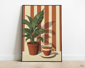 Lámina artística retro de café y plantas / Decoración de cocina en tonos cálidos (Descarga digital)