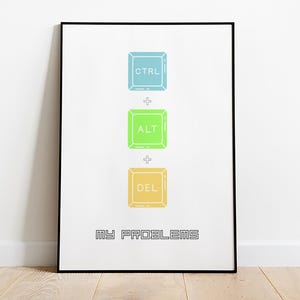 May include: A white poster with black text and three colorful buttons that say "CTRL", "ALT", and "DEL". The text below the buttons says "MY PROBLEMS".