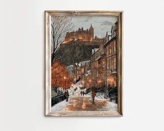 Impresión artística de Edimburgo en invierno / Póster de Escocia en acuarela / Arte mural urbano nevado / Decoración rústica invernal / Descarga digital