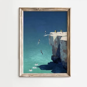 Sea Swimming Wall Art | Ocean Swim Print | Woman Jumping Into Sea Poster | Sea Swimmer Art | Beach Wall Decor | Beach House Printable