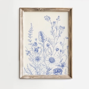 Blue Botanical Chinoiserie Art Print | Minimalist Floral Wall Art | Floral Drawing | Printable Digital Download | Vintage Home Decor