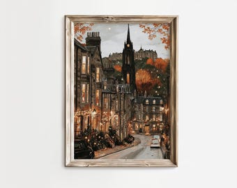 Impresión de acuarela de otoño en Edimburgo / Arte mural de paisaje urbano de Escocia (descarga digital)