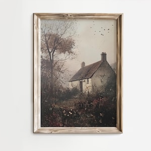 Vintage Fall Cottage Art Print | Moody Autumn Landscape Digital Download | Rustic Warm Cottagecore Wall Decor | Printable Country Painting