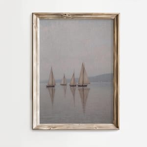 Vintage Sailboat Lake Painting | Neutral Coastal Wall Art | Rustic Lake House Decor | Muted Nautical Print | Digital Download Poster