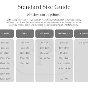Puede incluir: Un gr&aacute;fico que muestra m&aacute;s de 20 tama&ntilde;os que se pueden imprimir para una descarga digital. El gr&aacute;fico est&aacute; dividido en cinco columnas, cada una representando una proporci&oacute;n de aspecto diferente: 2:3, 3:4, 4:5, 5x7 ISO y 11 x 14. Cada columna enumera varios tama&ntilde;os de impresi&oacute;n en pulgadas, como 4 pulgadas x 6 pulgadas, 6 pulgadas x 9 pulgadas, 8 pulgadas x 12 pulgadas, 10 pulgadas x 15 pulgadas, 12 pulgadas x 18 pulgadas, 14 pulgadas x 21 pulgadas, 16 pulgadas x 24 pulgadas y 20 pulgadas x 30 pulgadas. El gr&aacute;fico tambi&eacute;n incluye el texto "A5-AO" en la parte inferior de la columna 5x7 ISO.