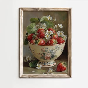 Bowl of Strawberries Painting | Vintage Kitchen Printable Art | Rustic Farmhouse Wall Decor | Antique Fruit Illustration | Digital Download