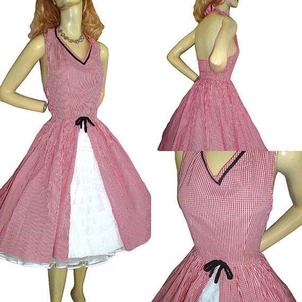 Vintage-50s-Dress-Halter-Open back-Country-Gingham-White-Red-Ruffles-S