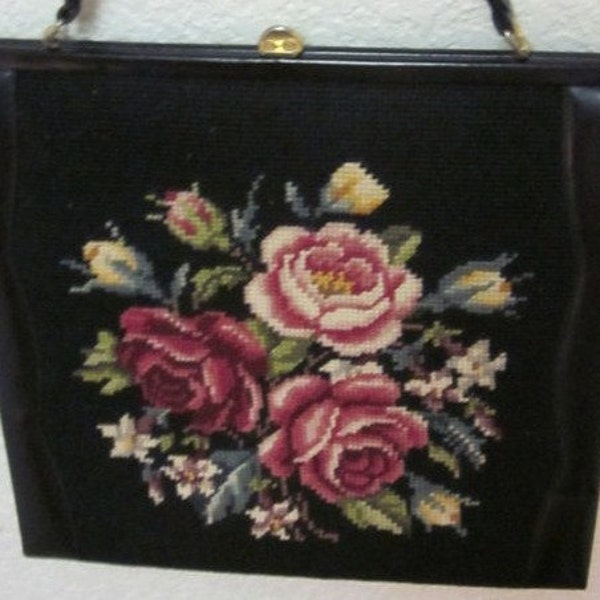 Vintage 50s Needlepoint One Handle Black Hand-bag