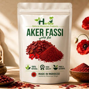 Op de afbeelding: Een witte stazak met natuurlijke Aker Fassi poeder van het merk Herbio. Het etiket bevat de tekst Aker Fassi, een afbeelding van rood poeder en gedroogde bloemblaadjes, en iconen die 100% natuurlijk, hoge kwaliteit en puur en authentiek aangeven.