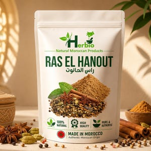 May include: A white stand-up pouch of Herbio Ras El Hanout spice blend. The label features the brand name, the text Ras El Hanout in English and Arabic, and an image of a spice pile with cinnamon sticks, star anise, and mint leaves.