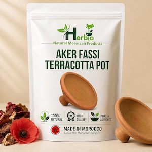 Może przedstawiać: Biała torebka stojąca z etykietą Herbio Natural Moroccan Products Aker Fassi Terracotta Pot, czerwoną gwiazdką i napisem Made in Morocco. Dwa małe, okrągłe, nieszkliwione naczynia z terakoty na nóżkach znajdują się przed torebką.