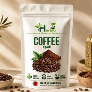 Puede incluir: Una bolsa blanca vertical de café Herbio con un logotipo de mortero y mano, el texto "Natural Moroccan Products", "COFFEE" y "MADE IN MOROCCO". El envase muestra un montón de granos de café tostados y café molido.