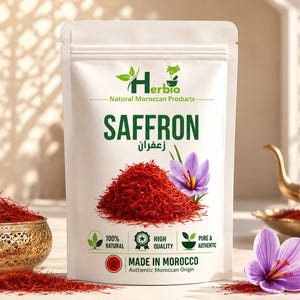 Könnte beinhalten: Ein weißer Standbeutel mit Safran der Marke Herbio, bedruckt mit einem Haufen roter Safranfäden und einer violetten Krokusblüte. Das Etikett enthält den Text SAFFRON, 100% NATURAL, HIGH QUALITY, PURE & AUTHENTIC sowie MADE IN MOROCCO.