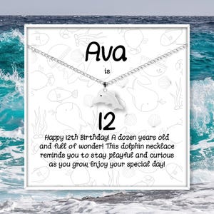 Presente personalizado de 12º aniversário para filha, sobrinha ou neta, colar de prata esterlina com pingente de golfinho, cartão de mensagem personalizado