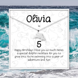 Presente personalizado de 5º aniversário para filha, sobrinha ou neta, colar de prata esterlina com pingente de golfinho, cartão de mensagem personalizado