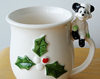HoLLy MoLy Vtg Mickey Mouse Disney Rare Collectable Christmas Holiday Cup in White with Green Red Holly and Novelty Figurine of Mickey