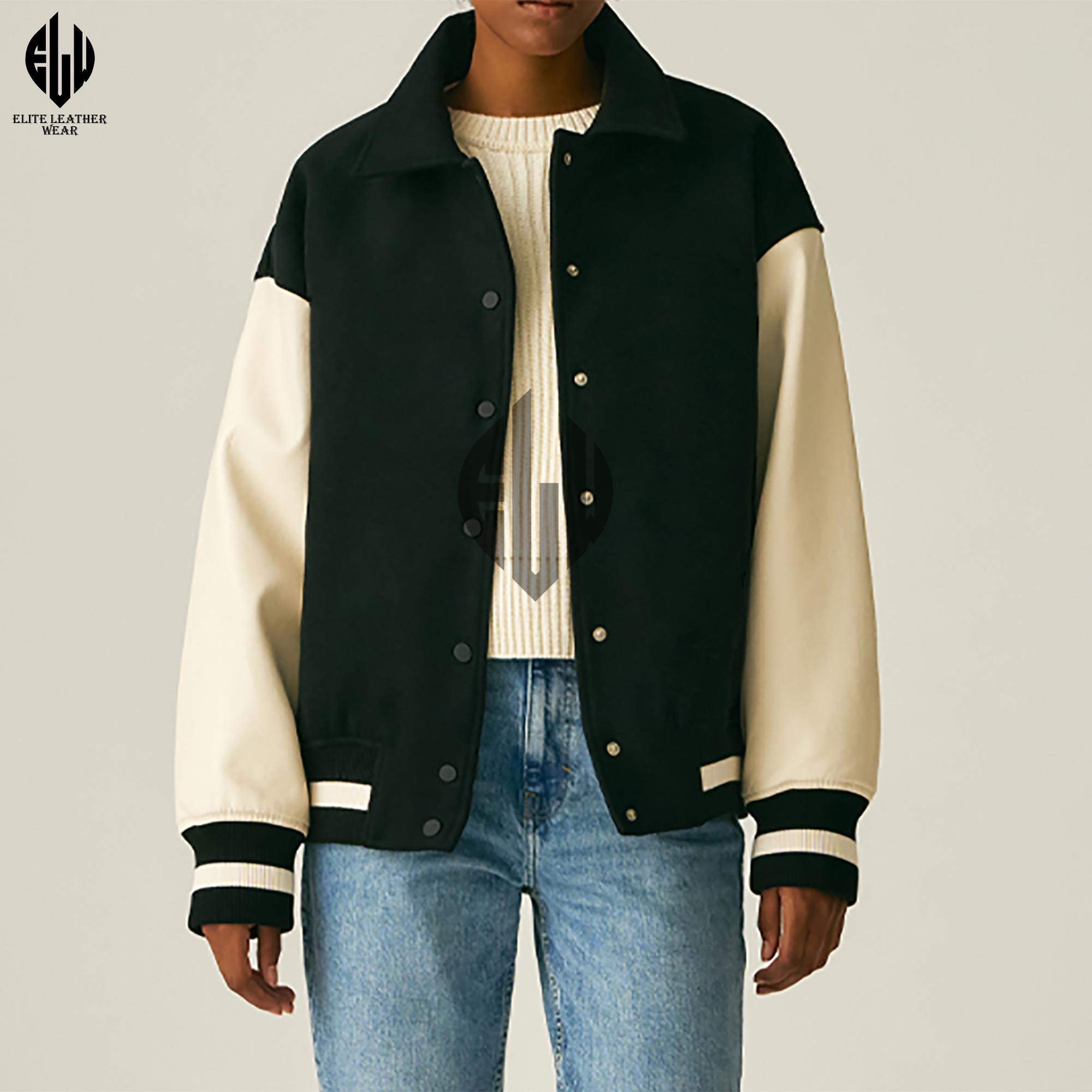 Black Wool Varsity Jacket: Beige Faux Leather Sleeves, Unisex