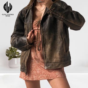Veste en cuir pour femme des années 90, veste en cuir marron vieilli oversize, veste en cuir véritable vintage, veste en cuir pour femme, veste en cuir pour femme