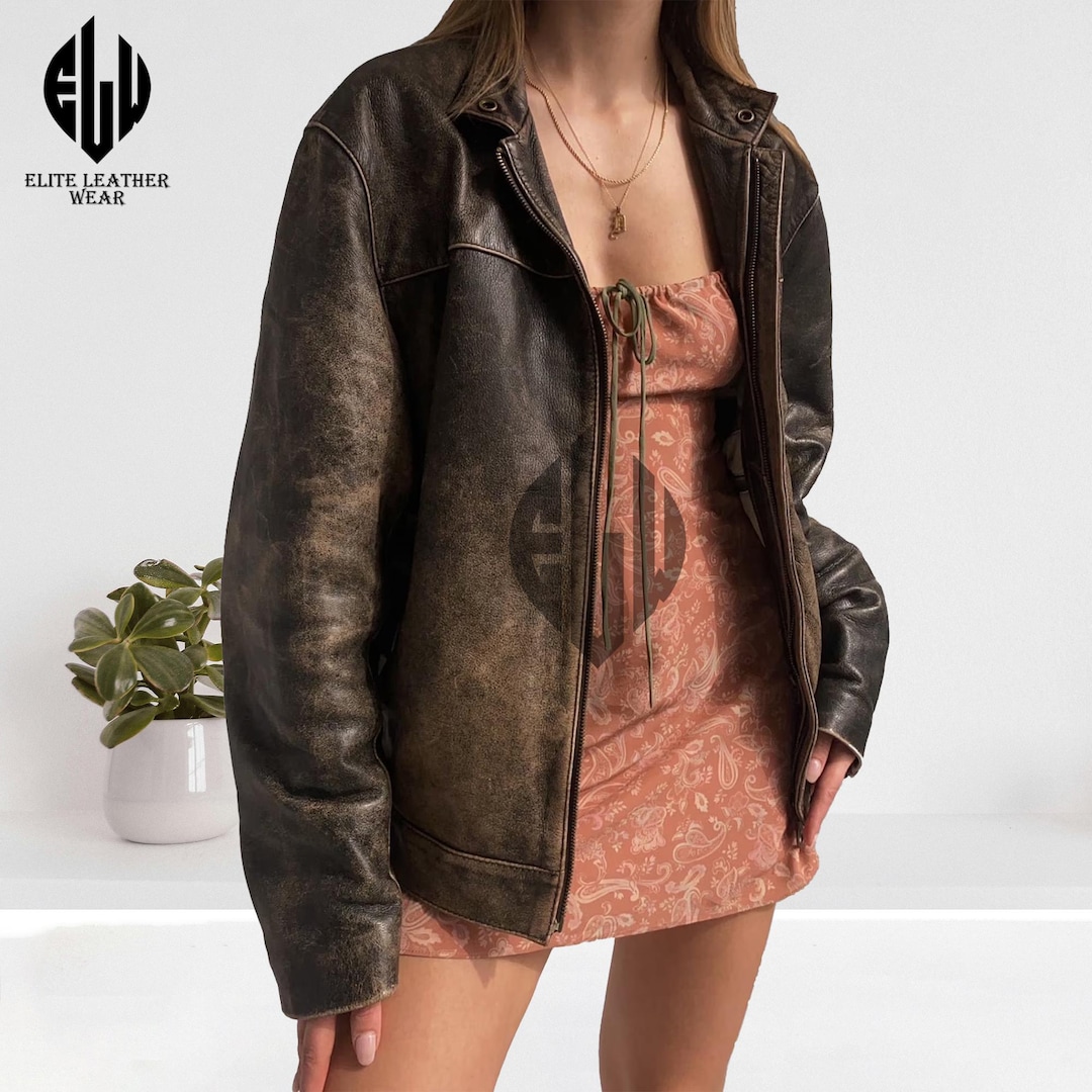 90s Distressed Brown Leather Biker Jacket: Oversized Women's Style